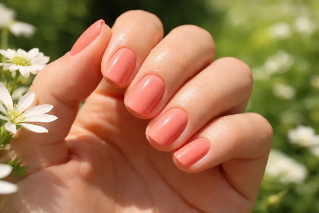 Muted soft coral nails on a woman's hand in a sunny garden setting.