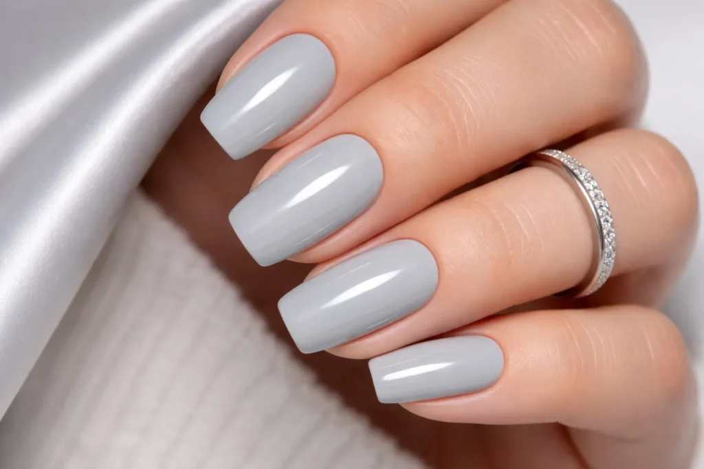 Glossy soft grey nails on an elegant hand with a silver ring.