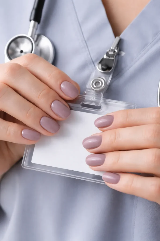 Short nails painted in a soft muted mauve color in a clinical setting
