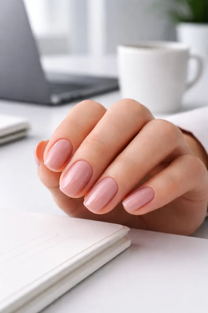 Glossy dusty rose pink manicure on short professional nails in an office setting