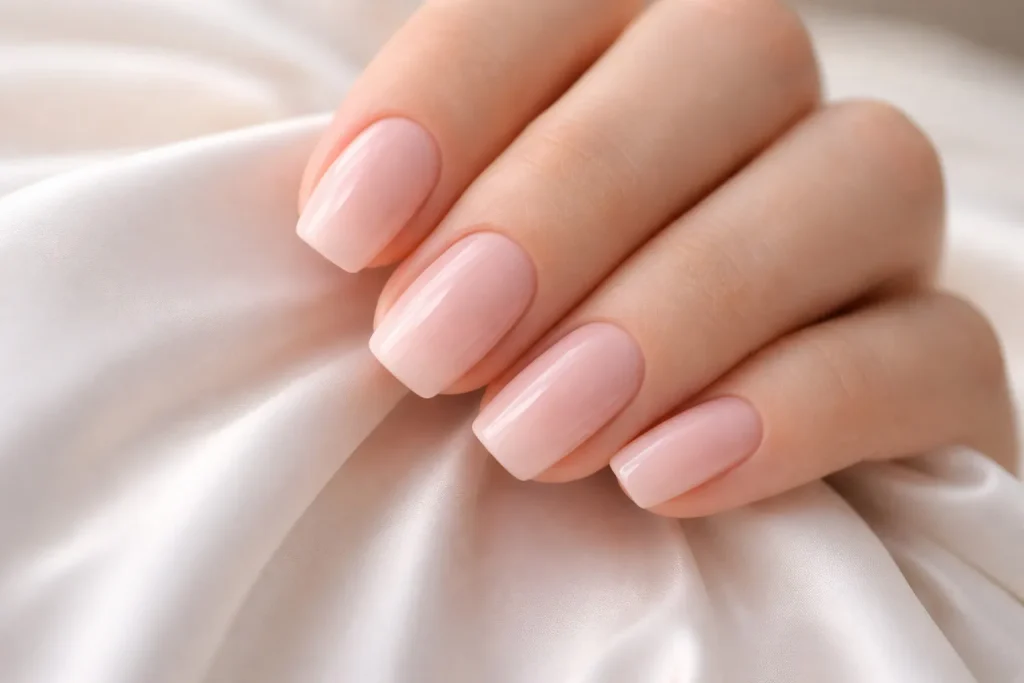 Close up of classic soft pink glossy nails on a woman's hand resting on silk fabric.