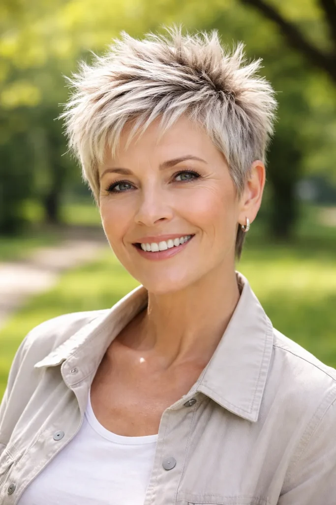 Mature woman with a short and spiky haircut featuring soft textured top