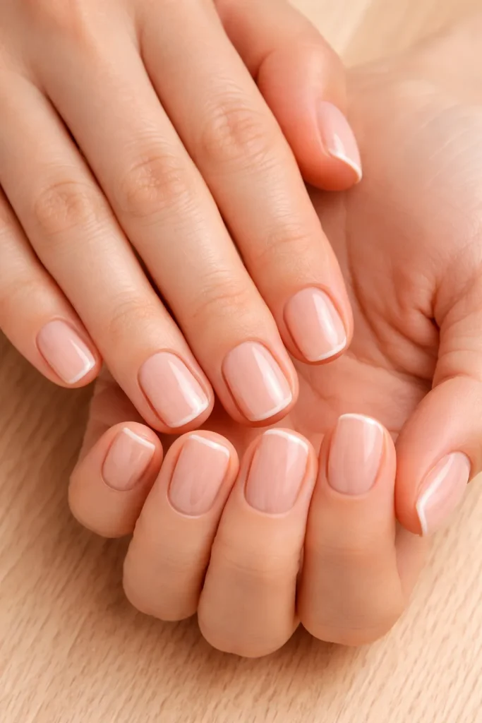 Clear polish on short squoval shaped nails resting on a surface