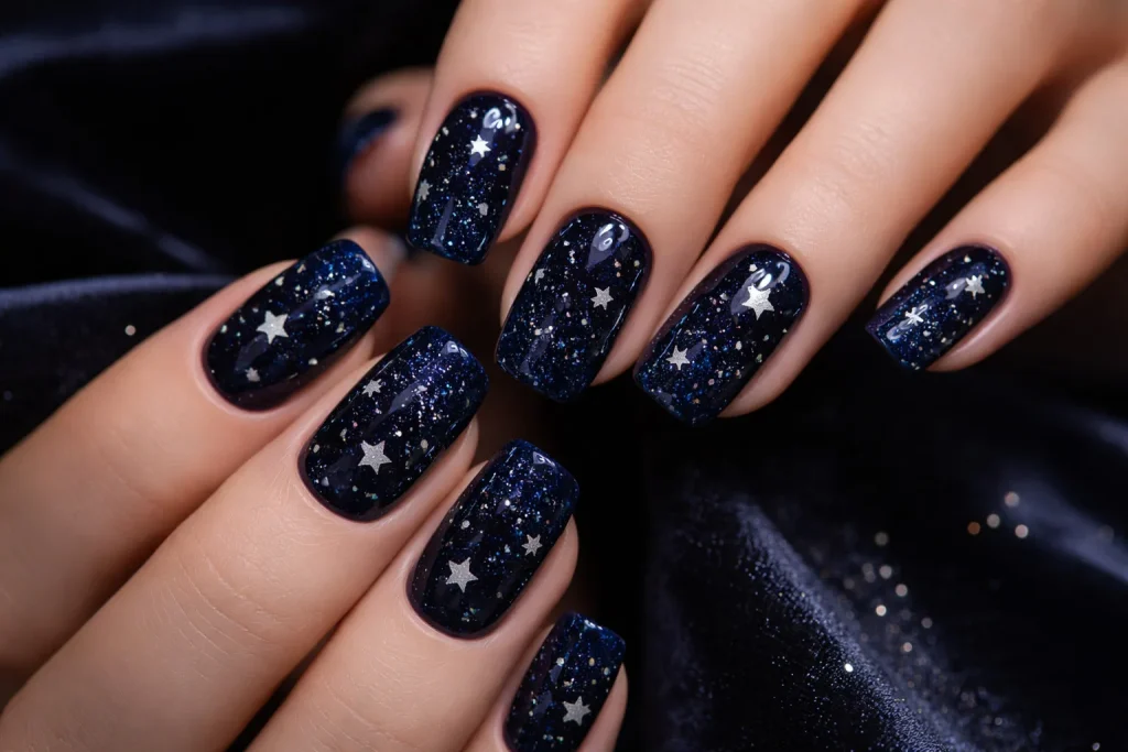 Midnight blue nails with silver star designs for a starry night theme