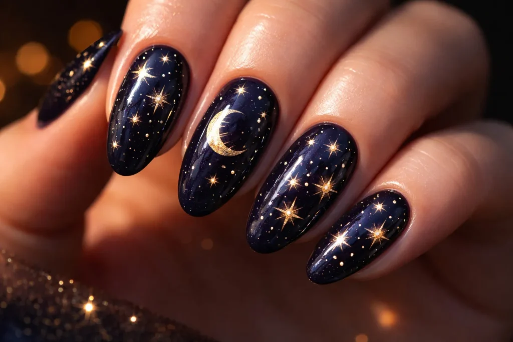 Dark navy blue nails featuring gold crescent moon and tiny star patterns.