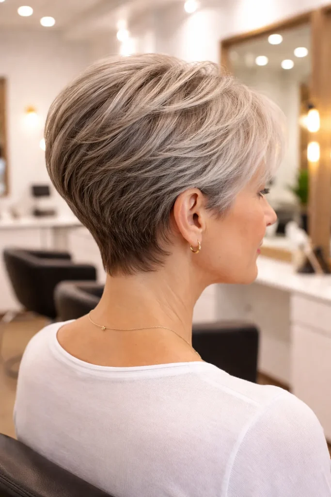 Side view of an older woman with a precision tapered cut and silver hair