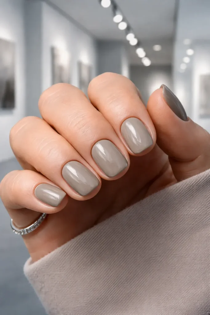 Modern taupe neutral nail polish on well-groomed mature hands