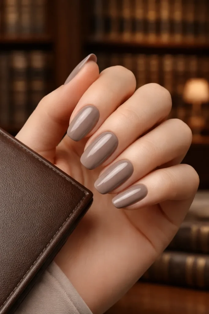 Understated taupe manicure with a glossy finish on well-maintained hands