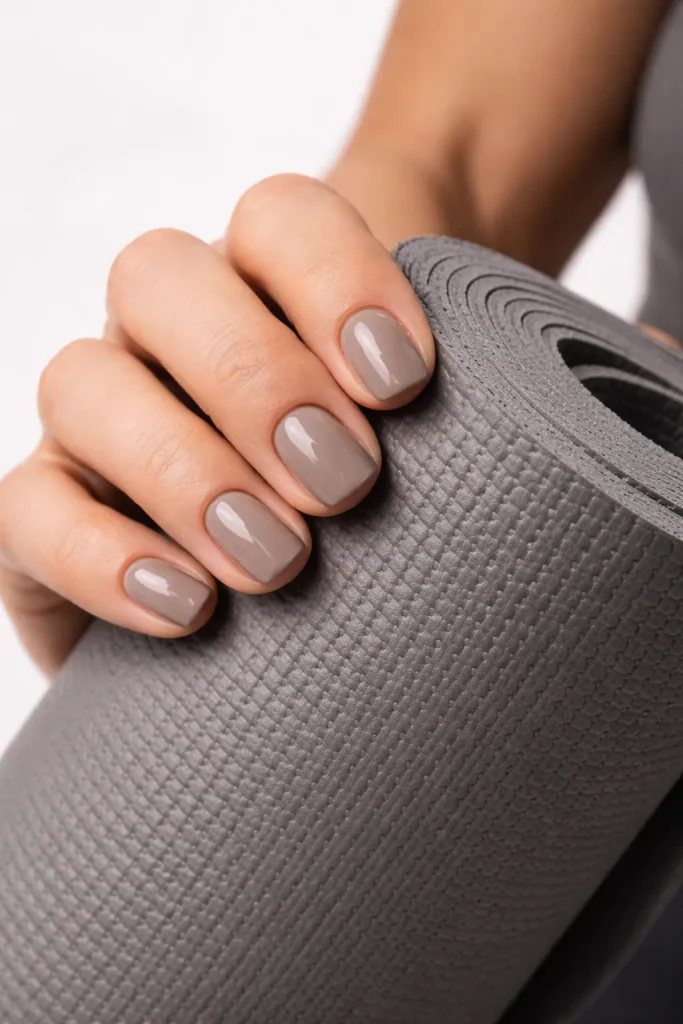 Sophisticated taupe nails holding a yoga mat