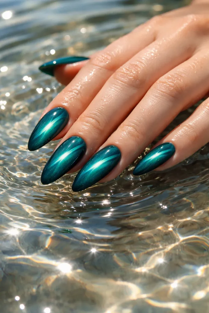 Teal cat eye nails with a turquoise magnetic stripe seen through water ripples.