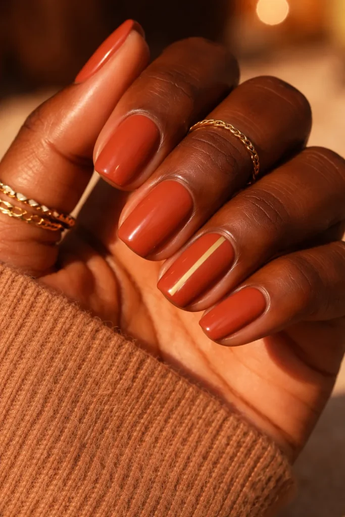 Terracotta nails with a thin gold vertical stripe