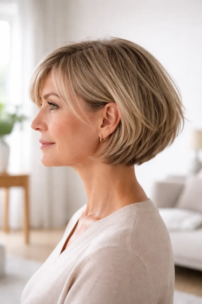 Mature woman sporting a chin-length textured bob with choppy layers