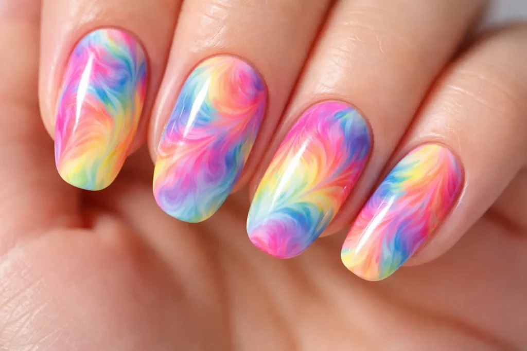 Colorful tie-dye swirl nail art with vibrant pink, blue, and yellow hues.