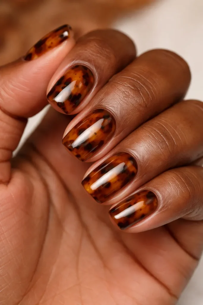 Tortoiseshell pattern nail art on short nails