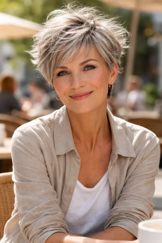 Mature woman with a tousled pixie haircut showing messy silver texture