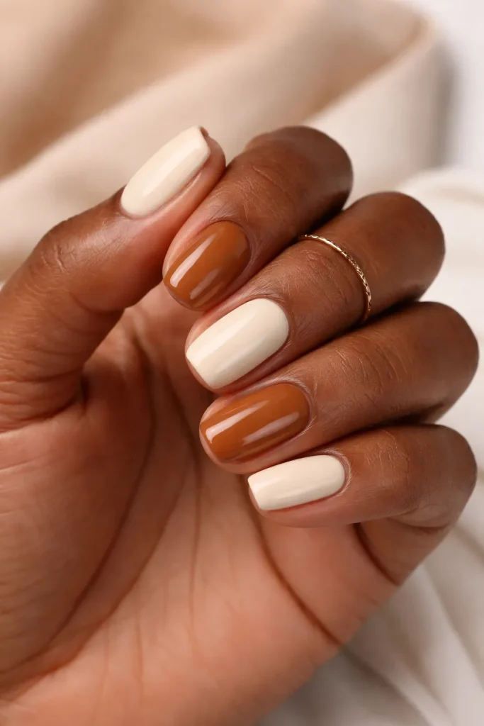 Alternating caramel brown and cream nails on short length