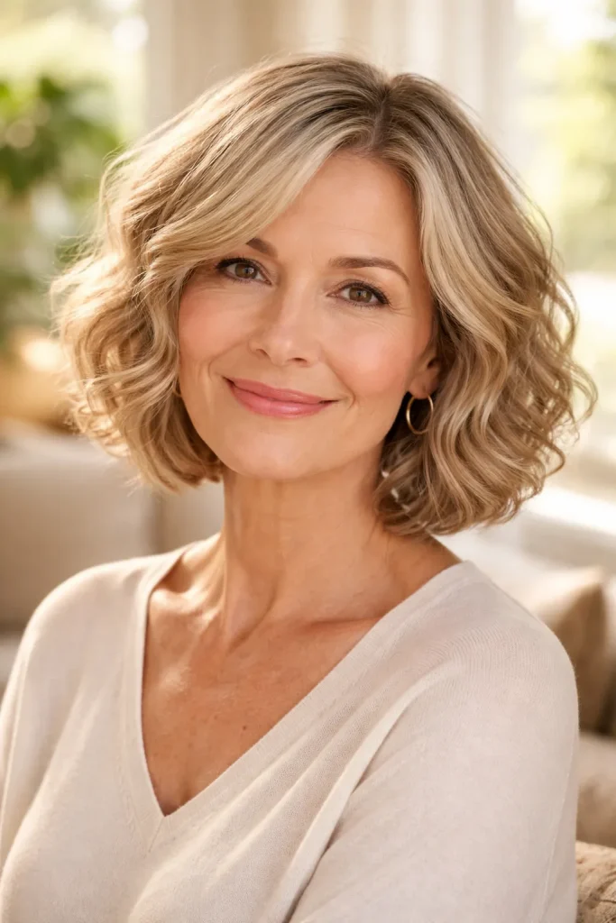 Close up of an older woman with a soft wavy bob highlighting natural hair texture