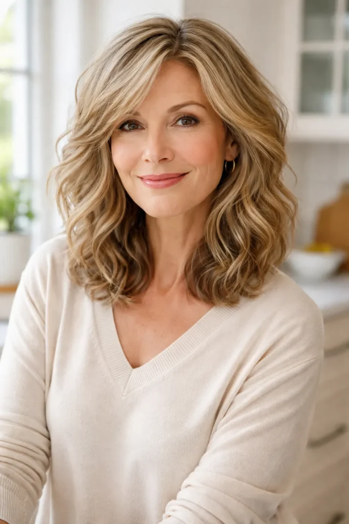 Older woman with a layered wavy lob reaching the shoulders