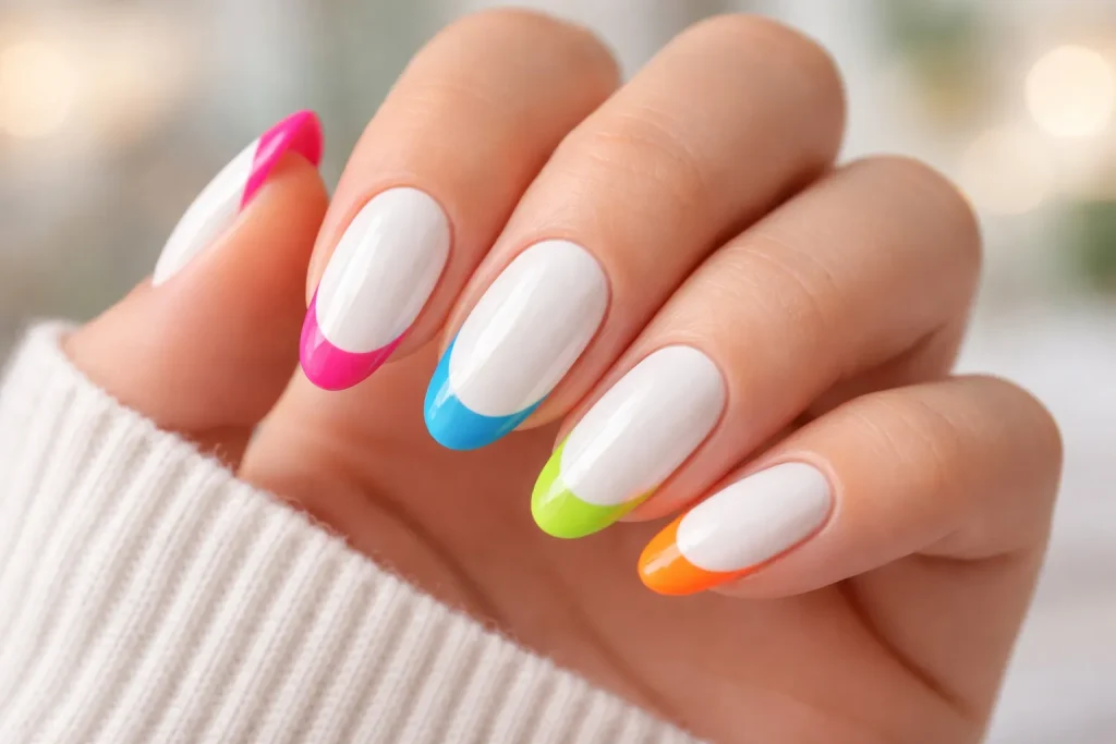 White almond nails featuring vibrant neon pink and blue tips in a French style.