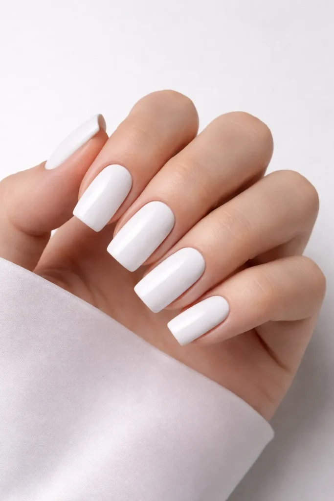 Opaque crisp white nails on a well-groomed hand with a minimalist background