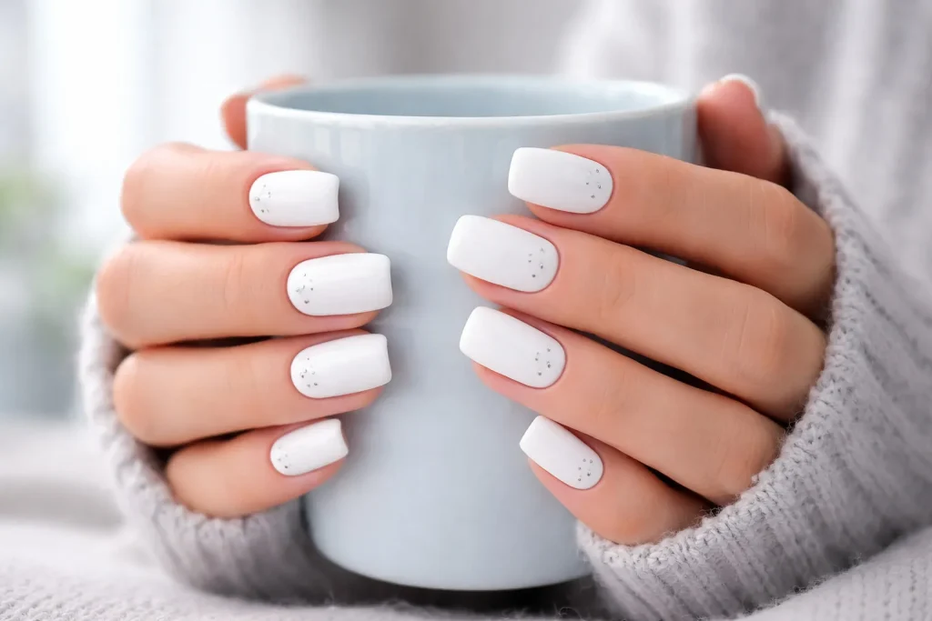 Opaque snow white square nails with silver accents holding a blue mug.