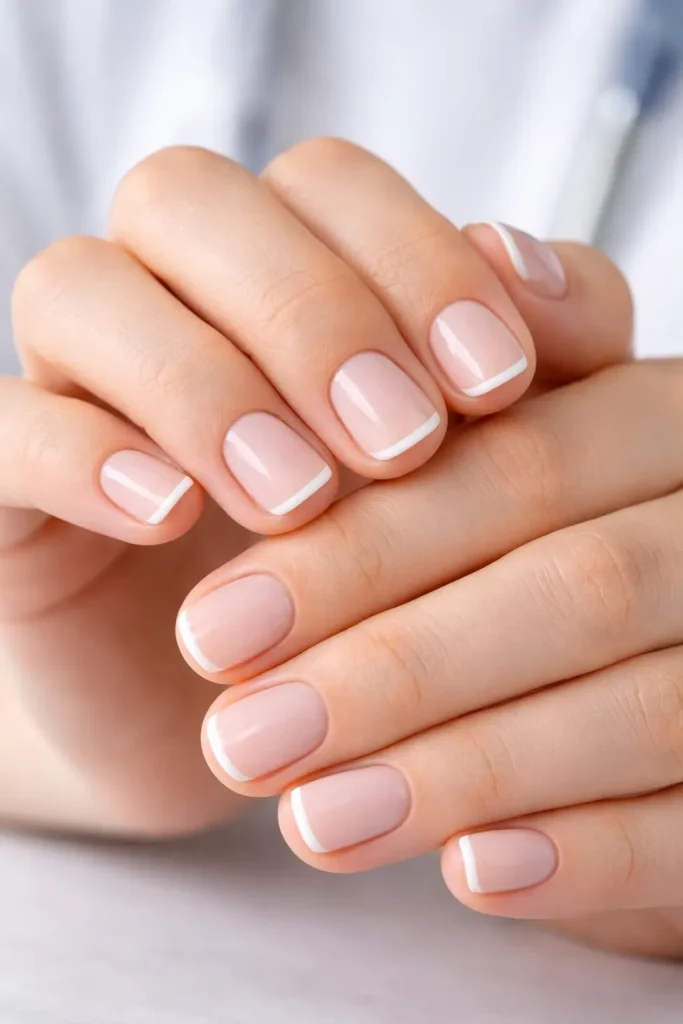 Clean short nails featuring thin white French tips for a professional look