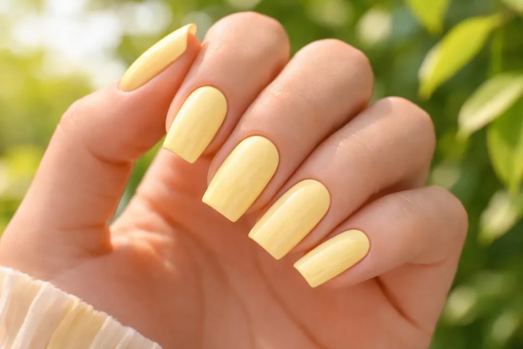 Vibrant butter yellow manicure on square nails in a bright outdoor spring setting.
