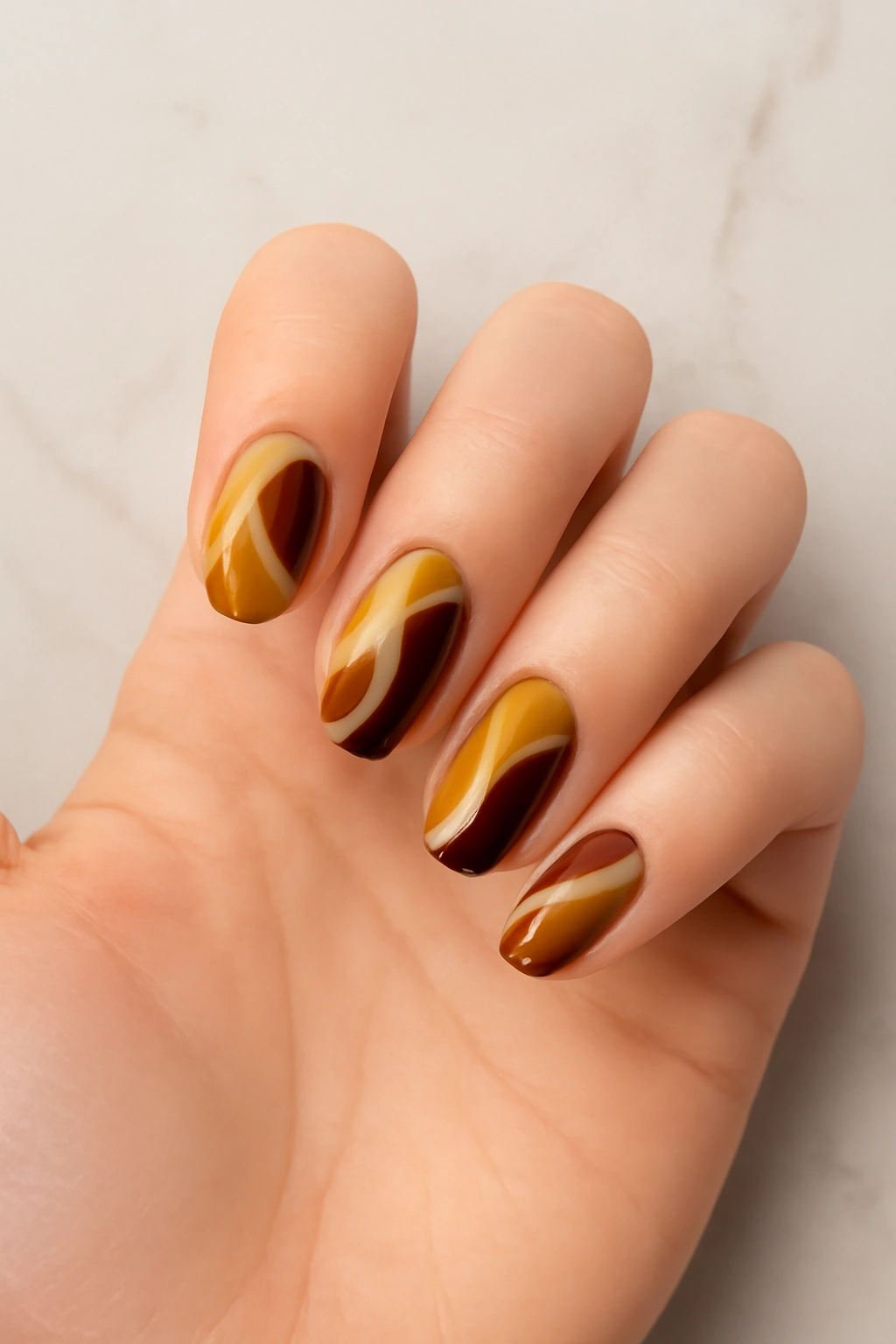 Modern abstract nail art featuring swirls of terracotta, mustard, and brown.