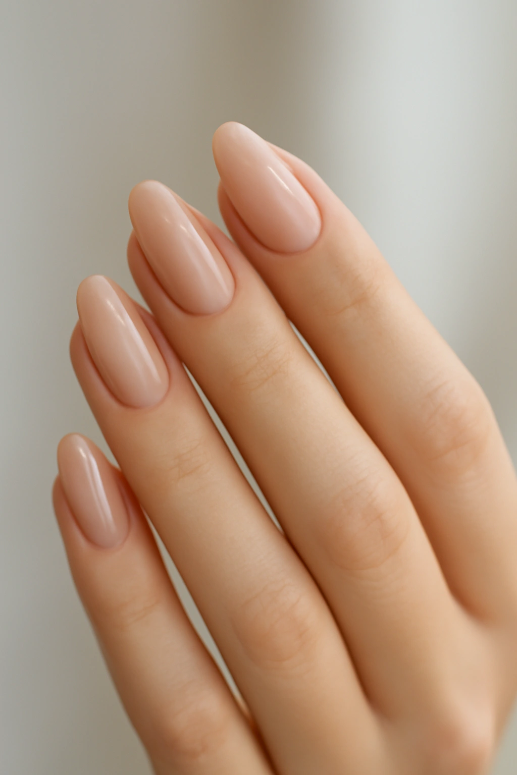 Almond shaped nails with nude polish on small hands for a lengthening effect.