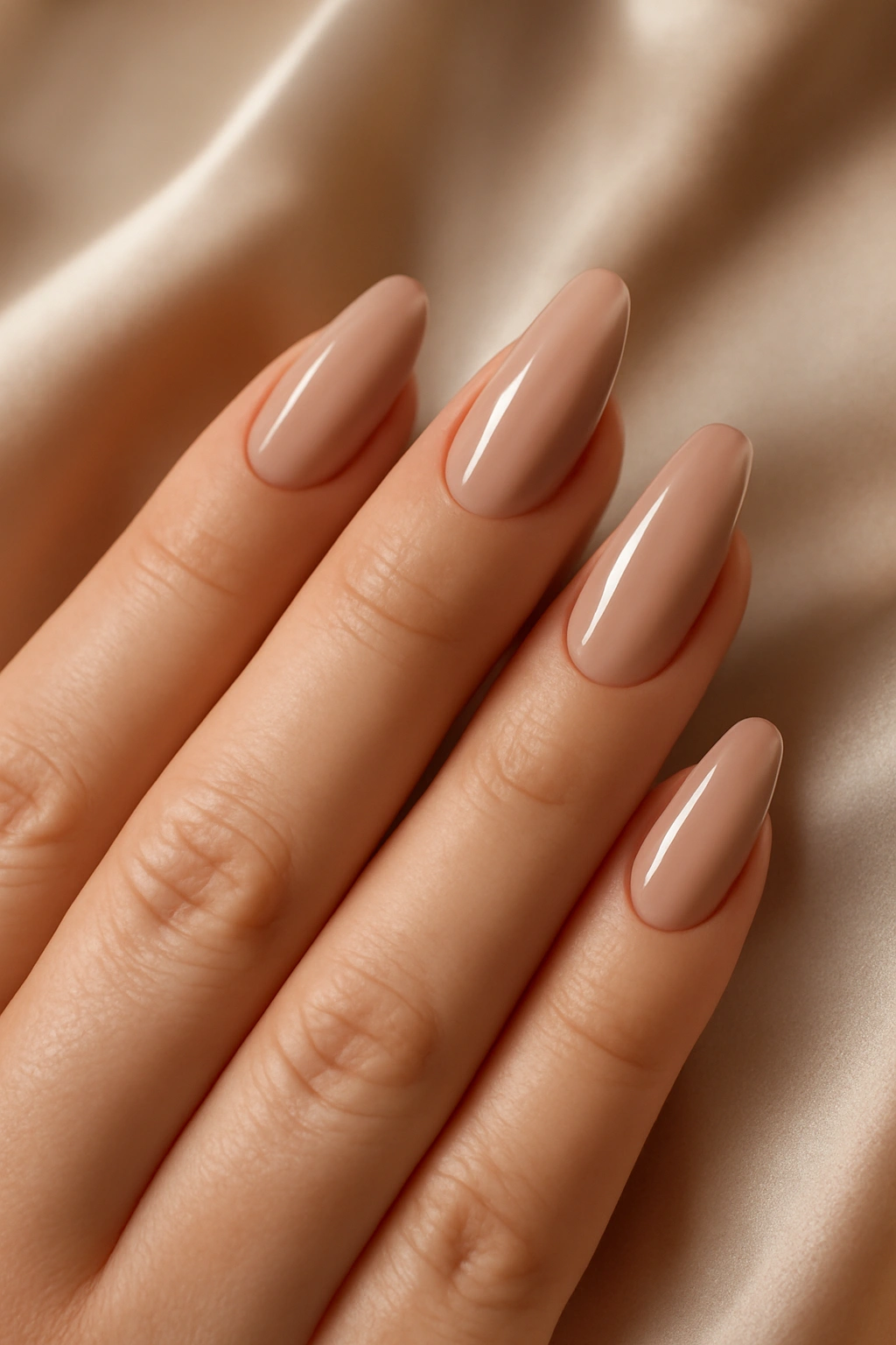 Close up of almond shaped nude nails on a full hand with tapered tips for a slimming effect.