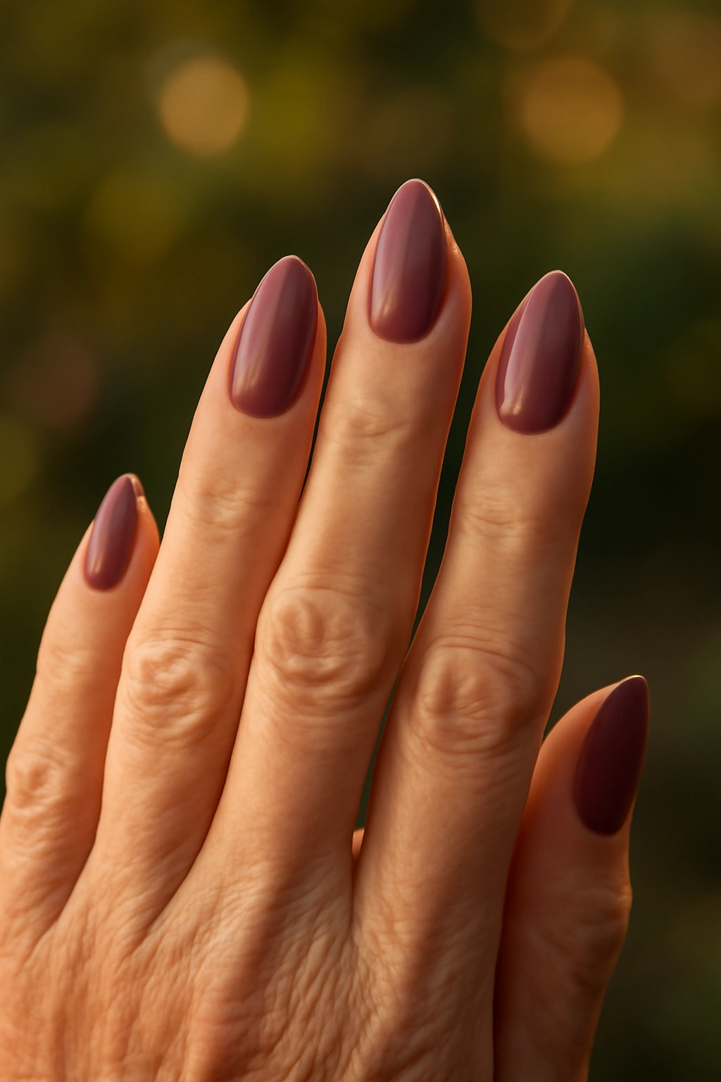 Elegant almond shaped nails in deep mauve polish on a sophisticated hand.