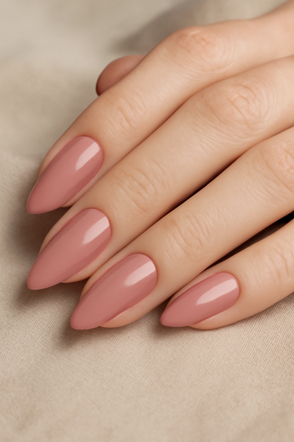Classic almond shaped nails in a solid dusty rose color showcasing a timeless and elegant manicure.