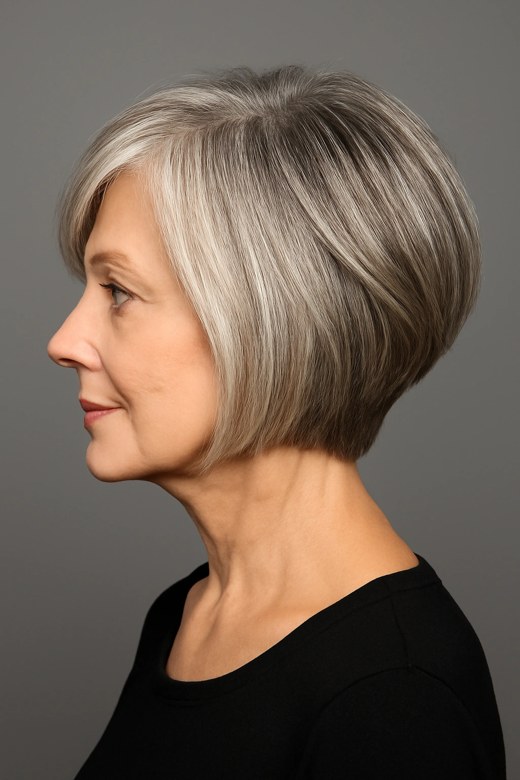 Angled bob haircut with choppy ends on stylish senior woman