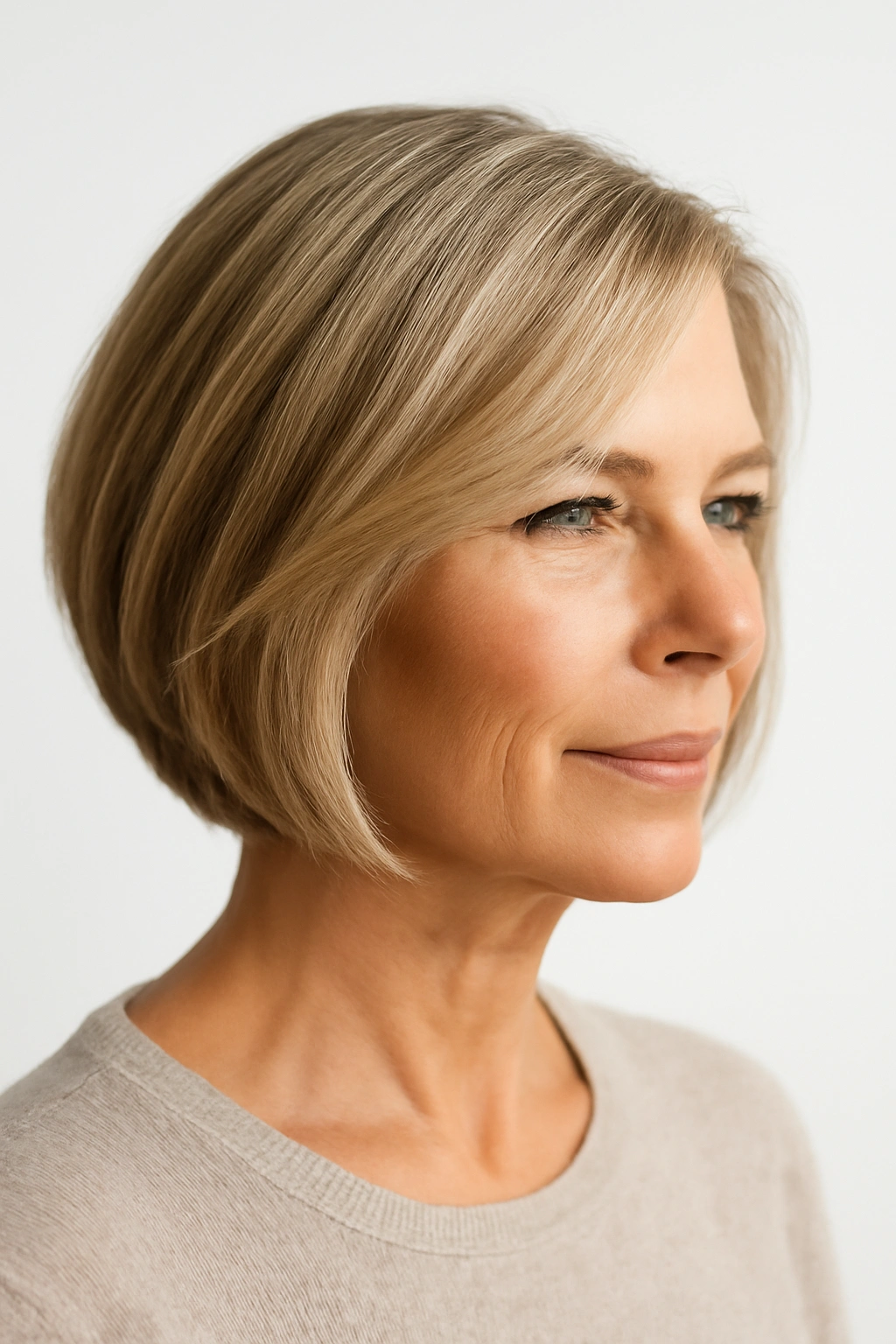 Three-quarter view of an angled A-line bob with shorter back and longer front