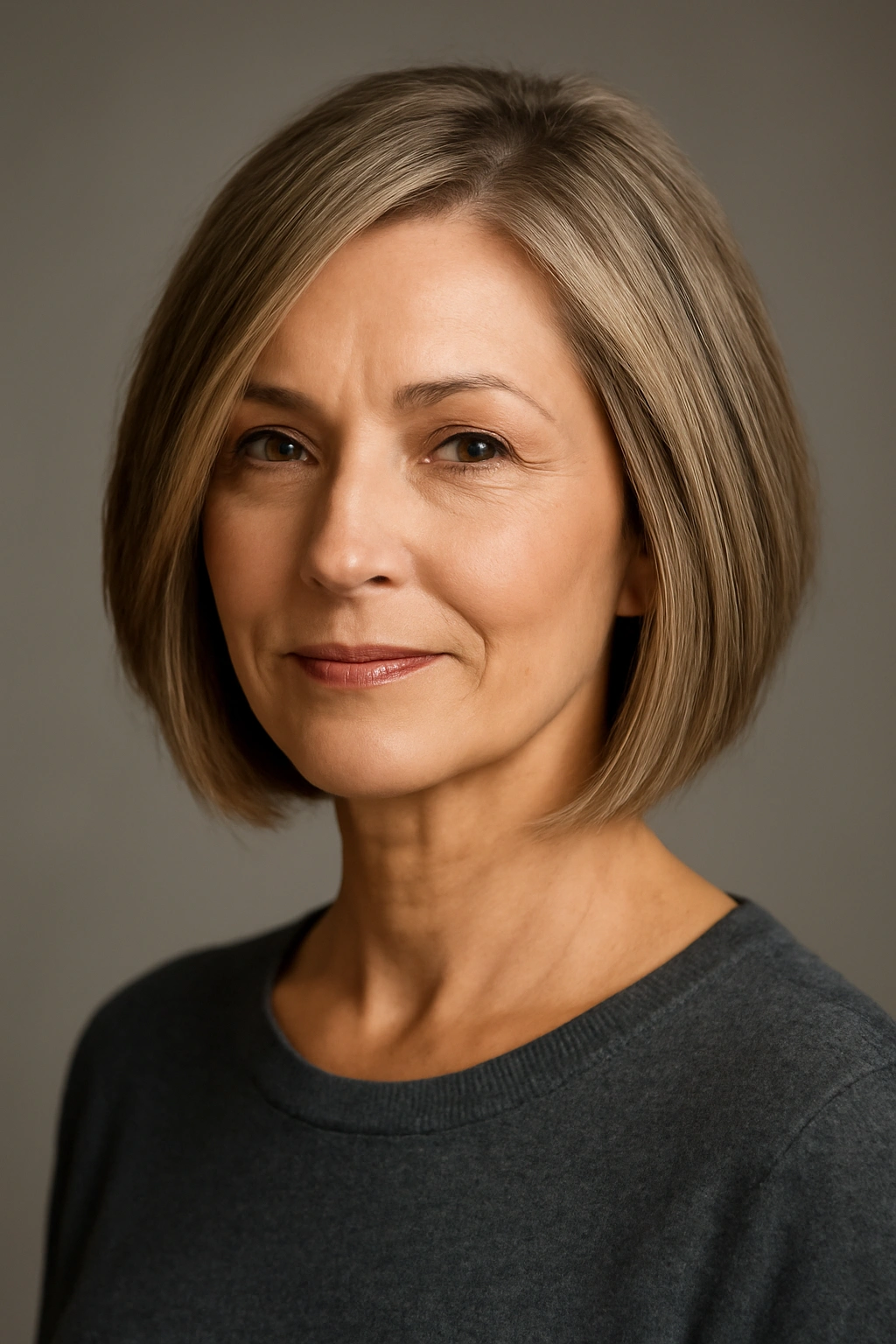 Angled bob hairstyle with back shorter and front longer on a mature woman