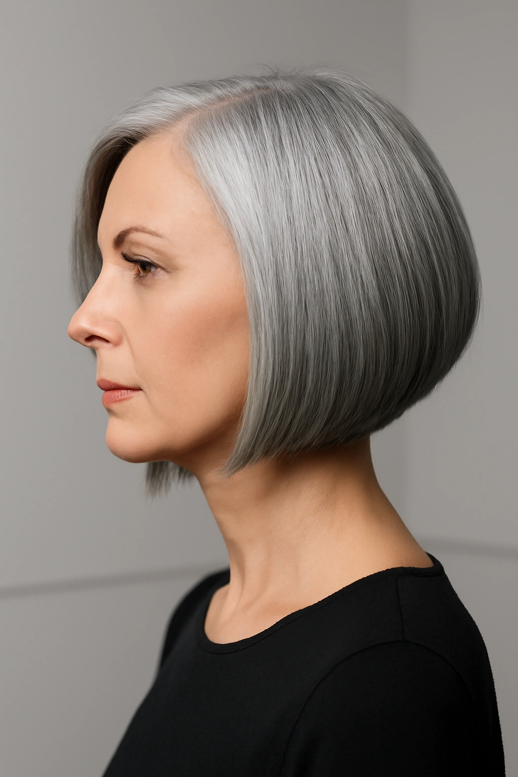 Modern angled gray bob hairstyle with longer front pieces