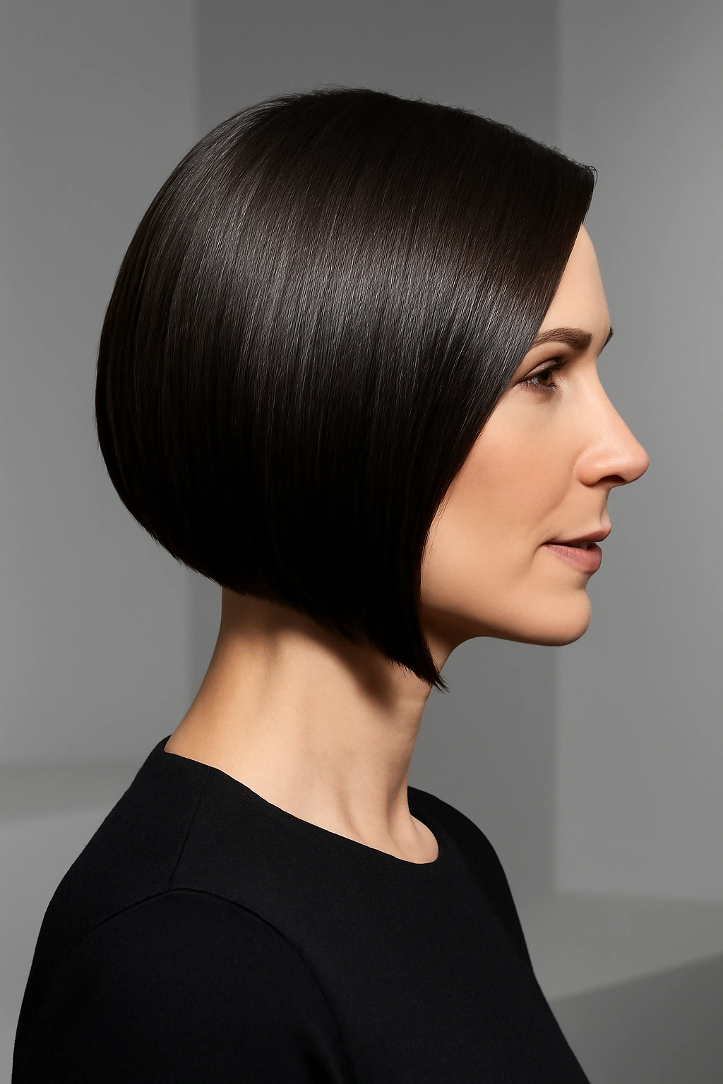 Side profile of a sleek angled bob showing the sharp transition from short back to long front
