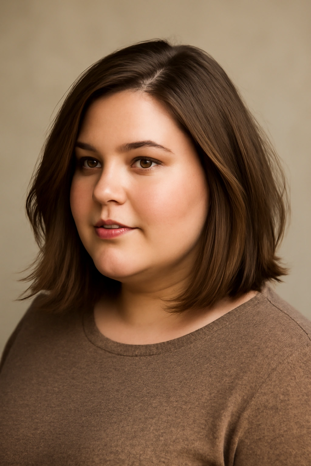 Plus-size model with slightly angled lob showing a gentle face-framing slope