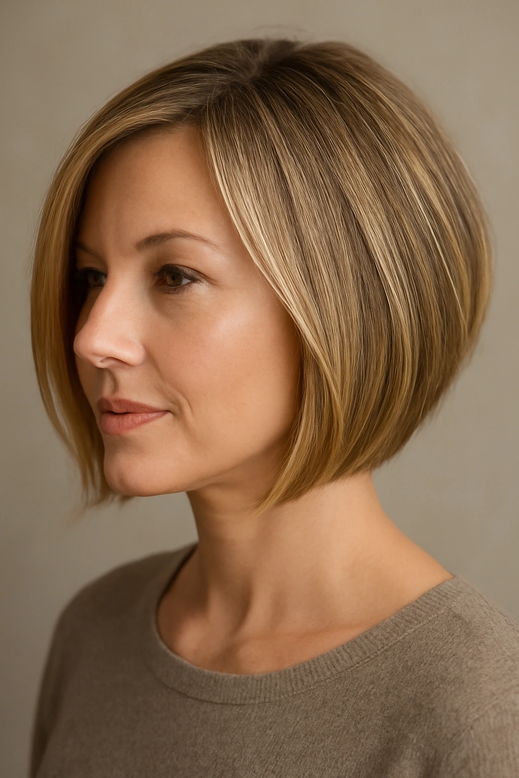Portrait of a woman with an angled bob showing a back-to-front diagonal line.