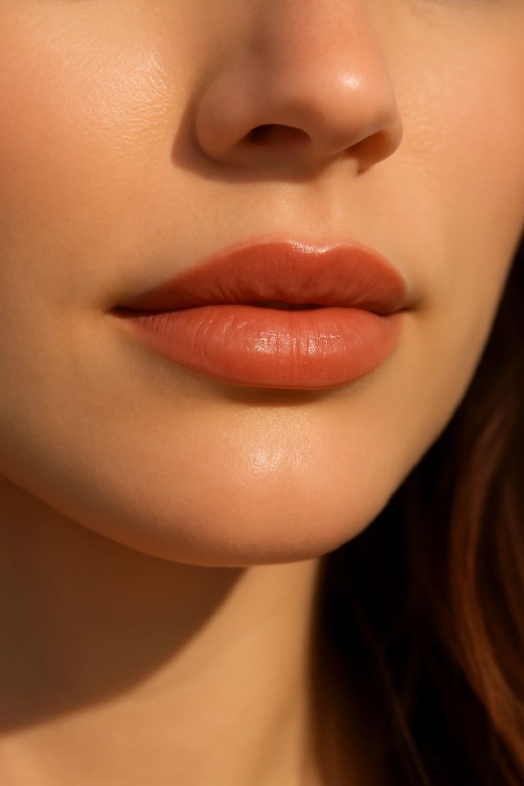 Graceful woman wearing muted apricot lip color with a subtle glow, ideal for a warm weather wedding.