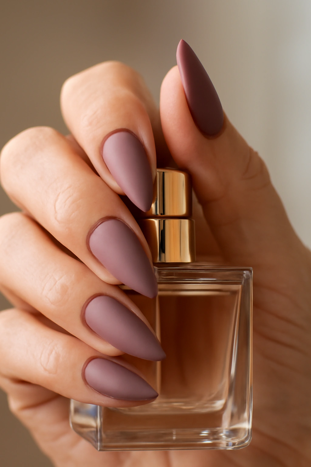 Arrowhead nail shape with matte mauve polish on a mature hand