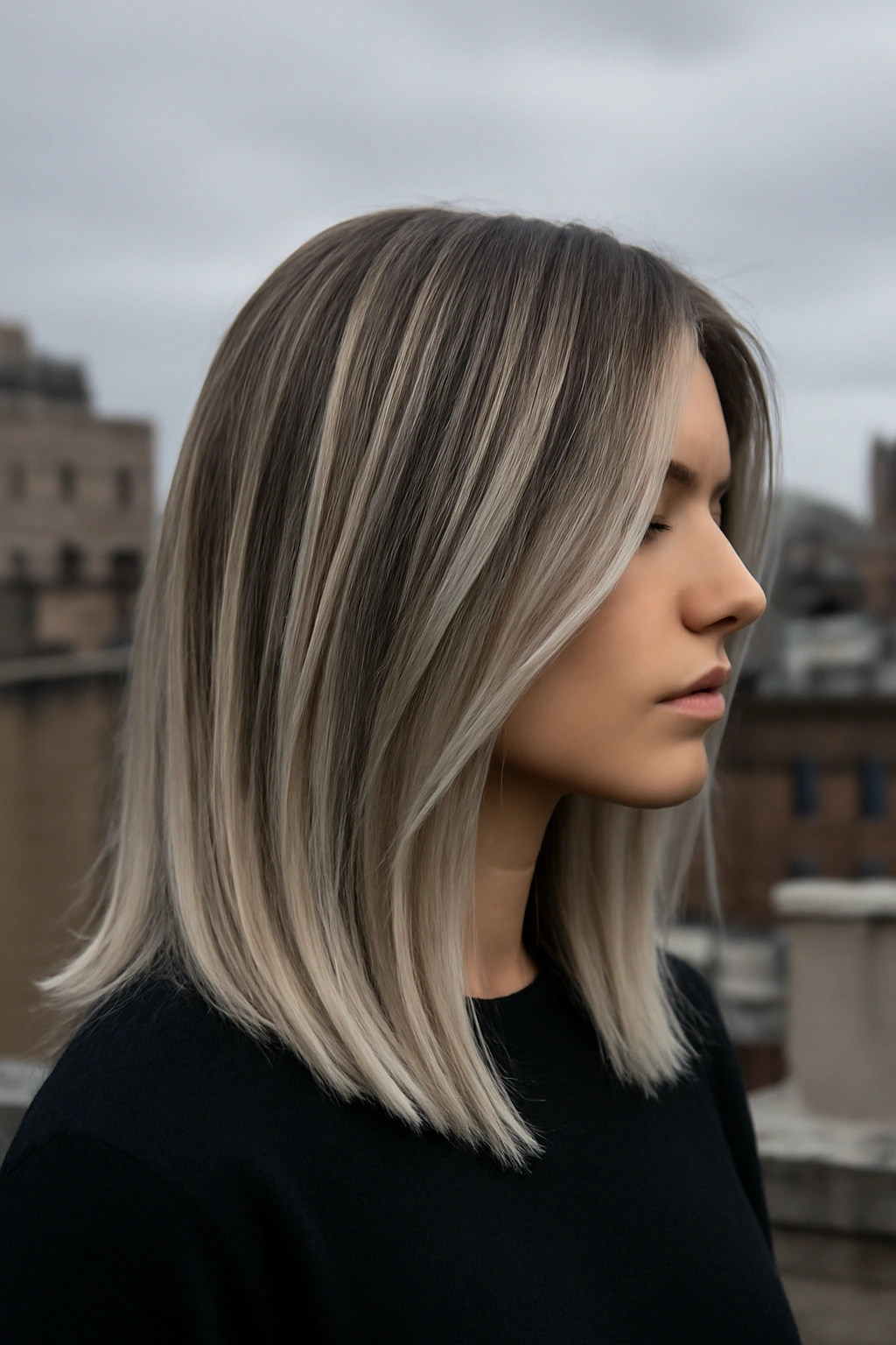 Cool-toned ash blonde balayage highlights on dark blonde hair for a modern and sophisticated icy look.