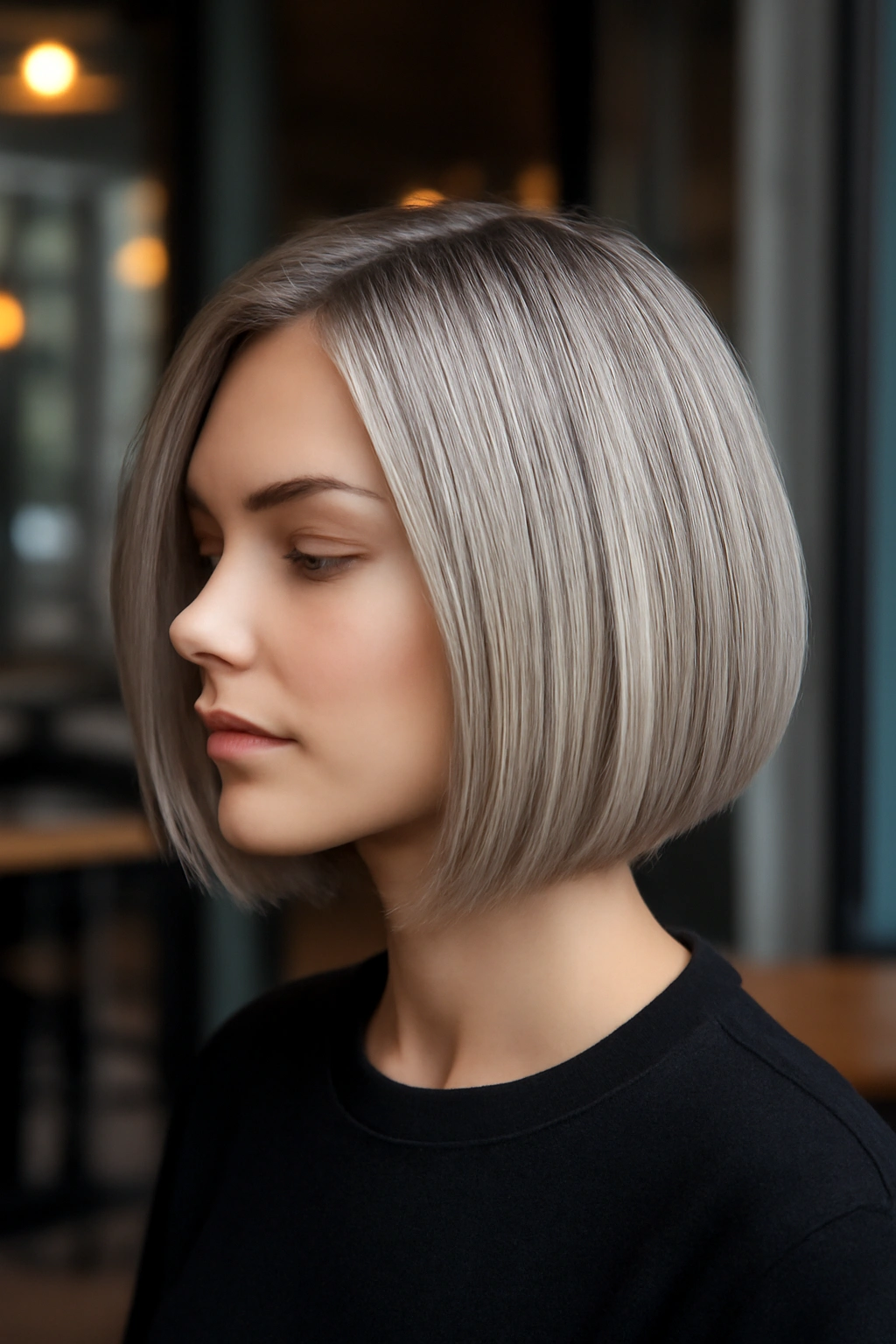 Sleek chin length bob haircut in a cool muted ash blonde color