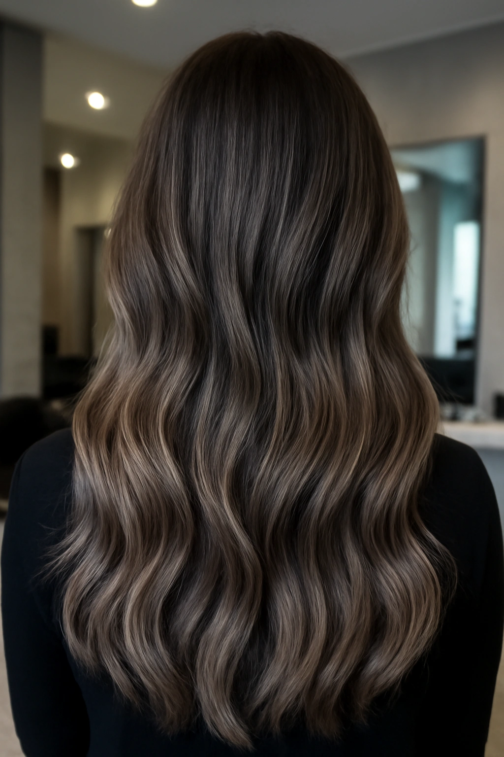 Long wavy hair with cool-toned ash brown balayage highlights on a dark brown base.