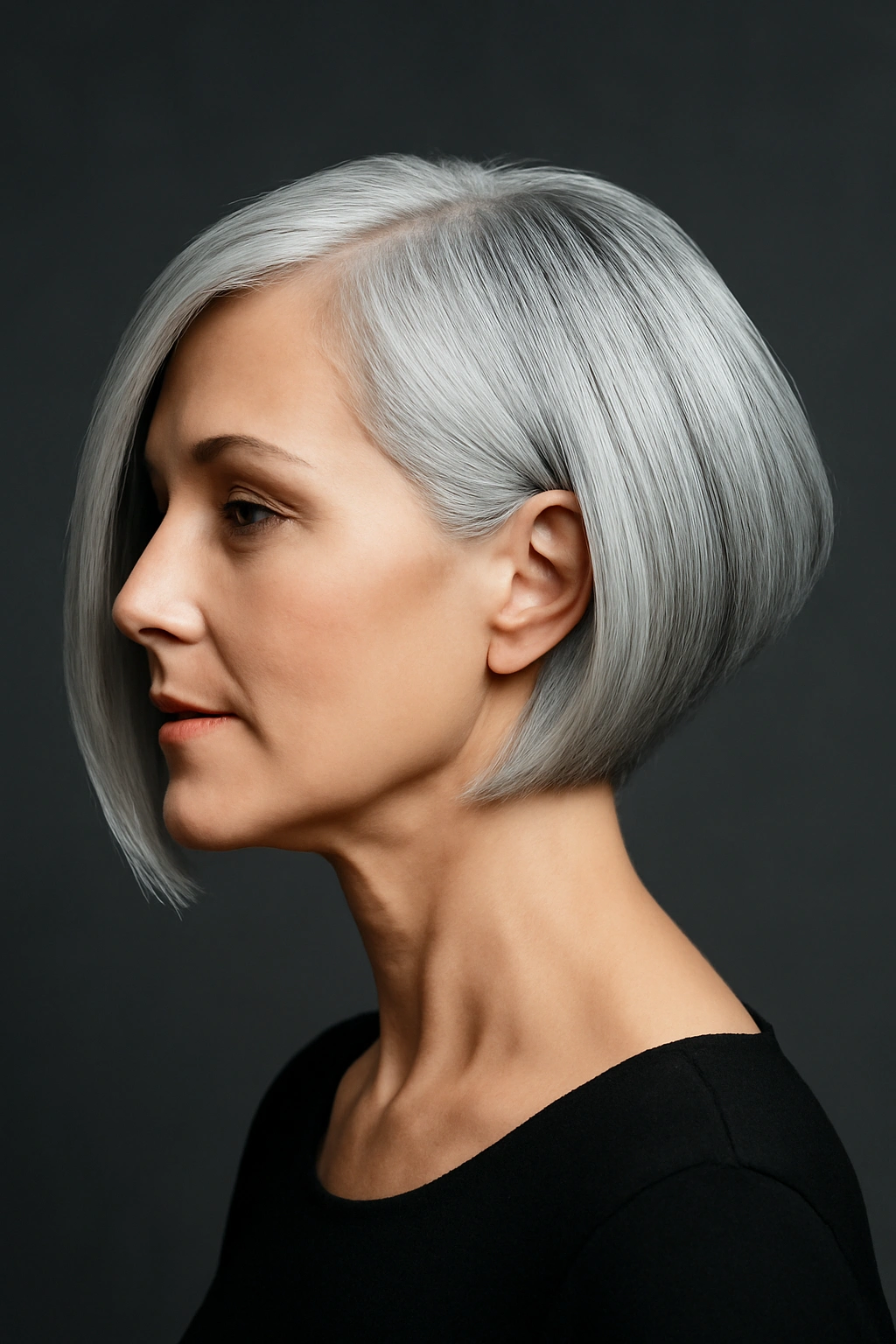 Modern asymmetrical gray bob haircut with one side longer than the other
