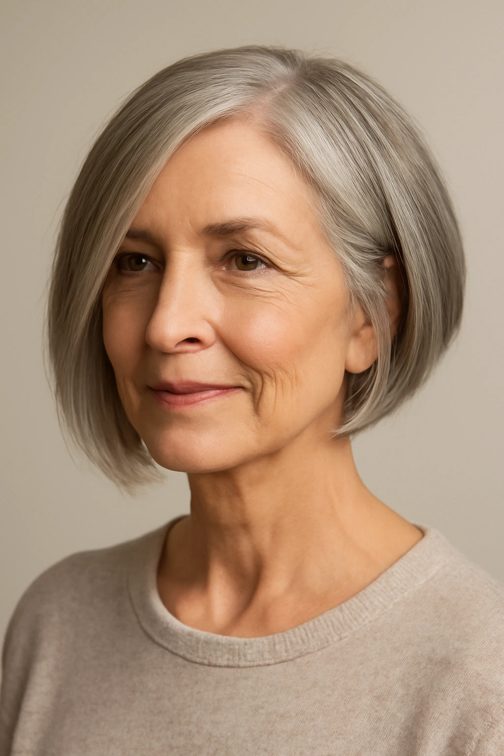 Mature woman with an asymmetrical bob showing one side longer than the other