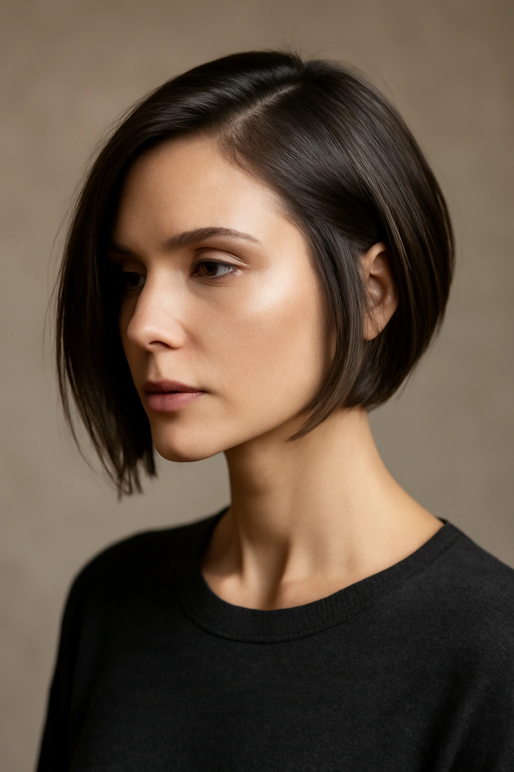 Portrait of a person with an asymmetrical bob, one side shorter.