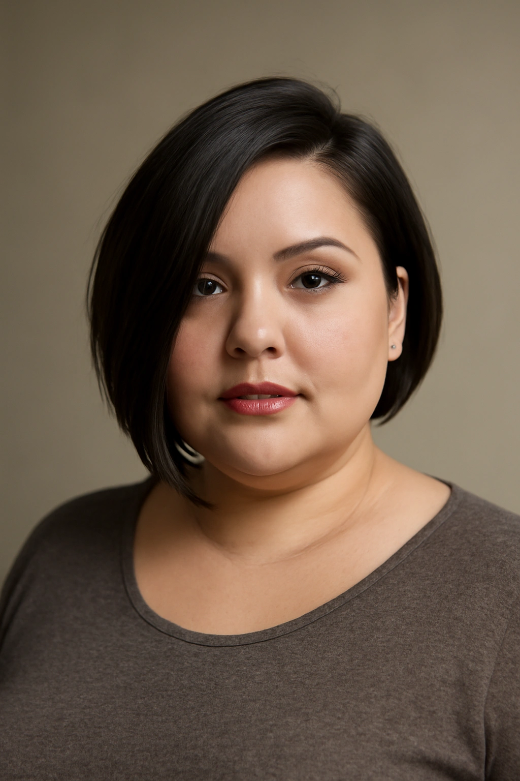 Plus-size woman with an asymmetrical bob that elongates the face