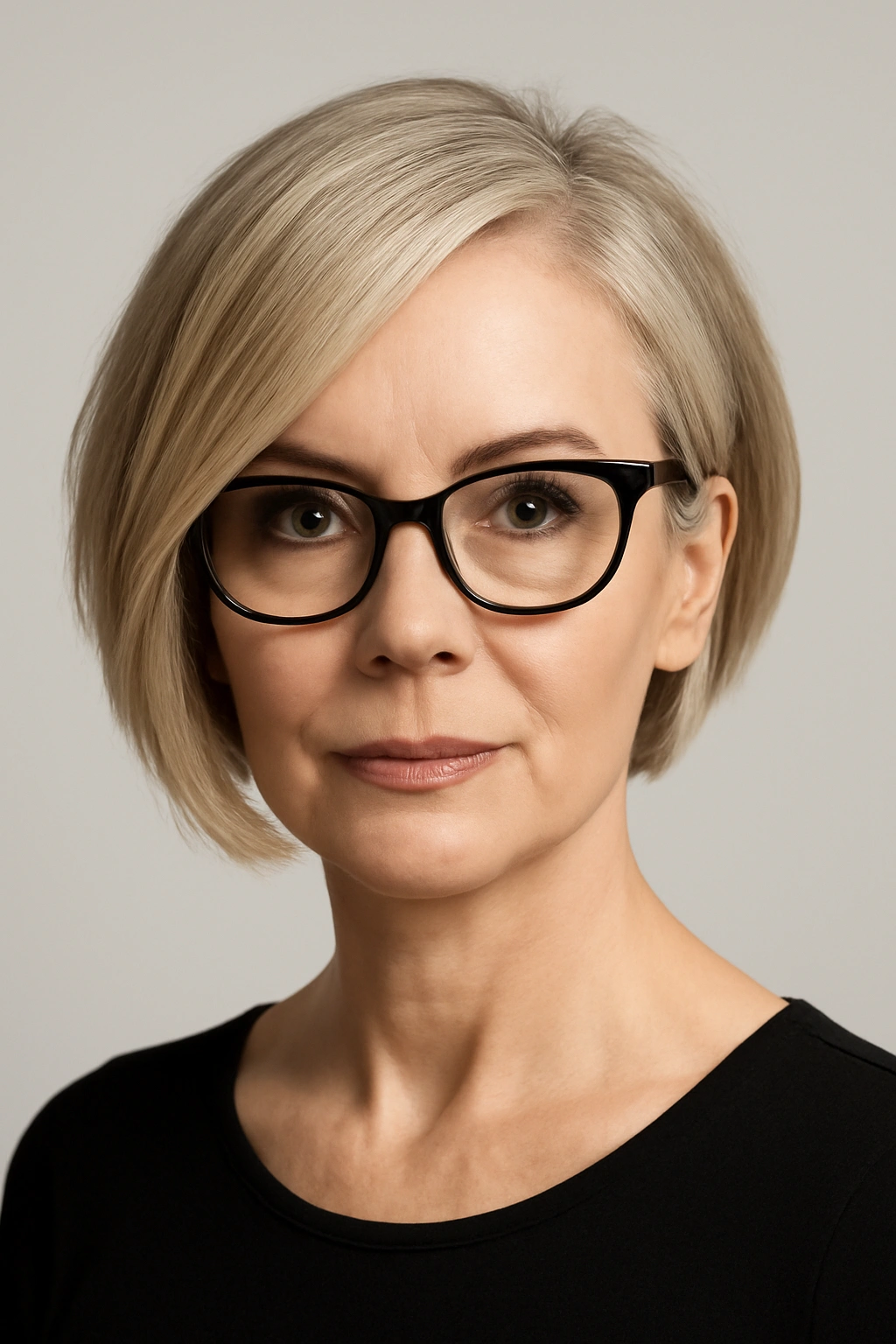 Woman over 50 with glasses featuring a sharp asymmetrical bob hairstyle