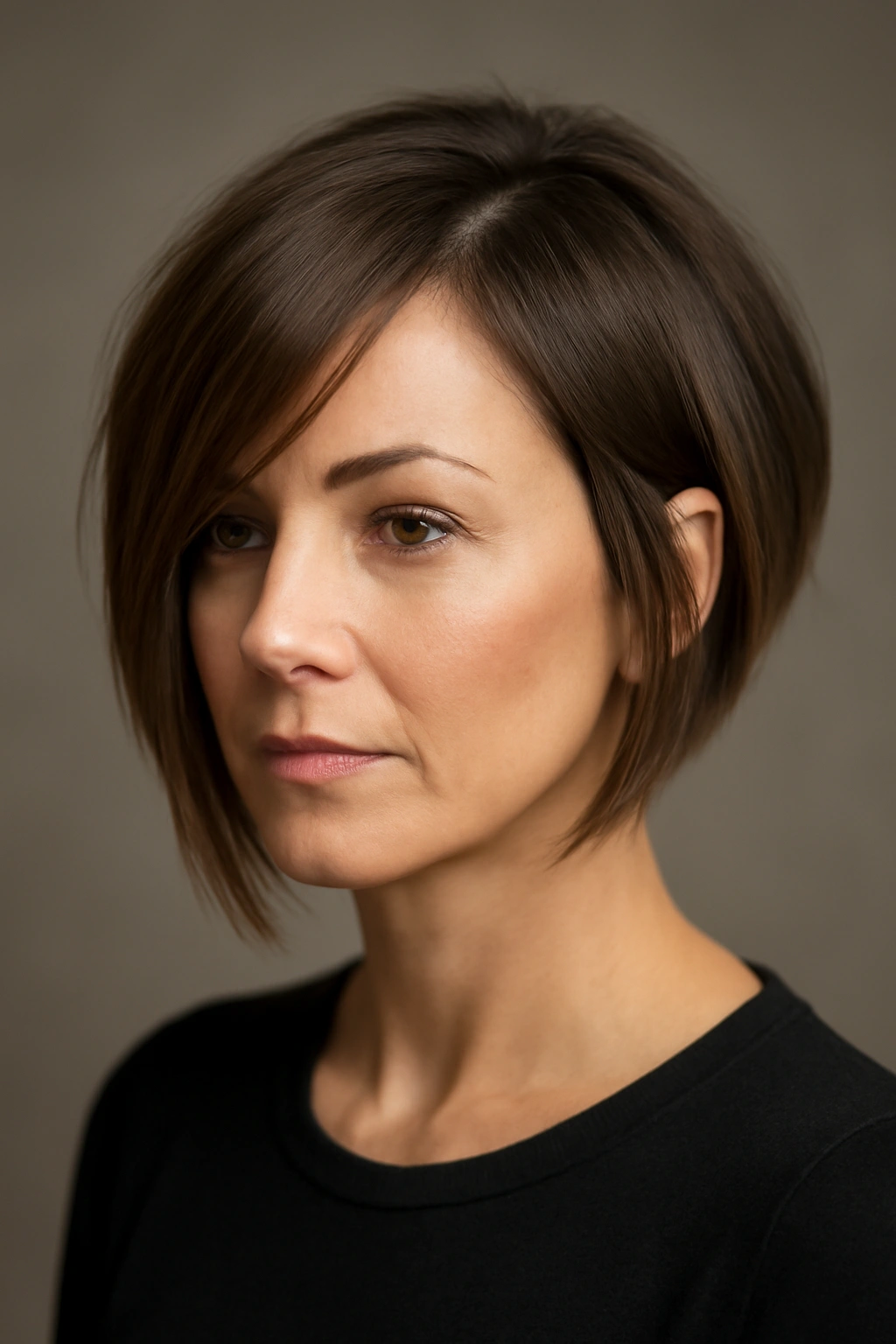 Asymmetrical bob with side-swept bangs on a woman, highlighting edgy cut